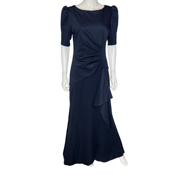 Xscape “Demi” 3/4 Sleeve Side Ruched Floor Length Gown Midnight Women’s Sz 12 - Picture 2 of 8